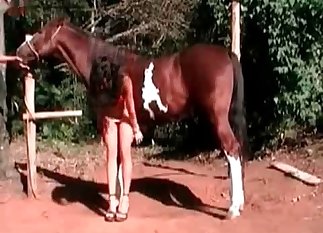 Tall chick seducing a horse